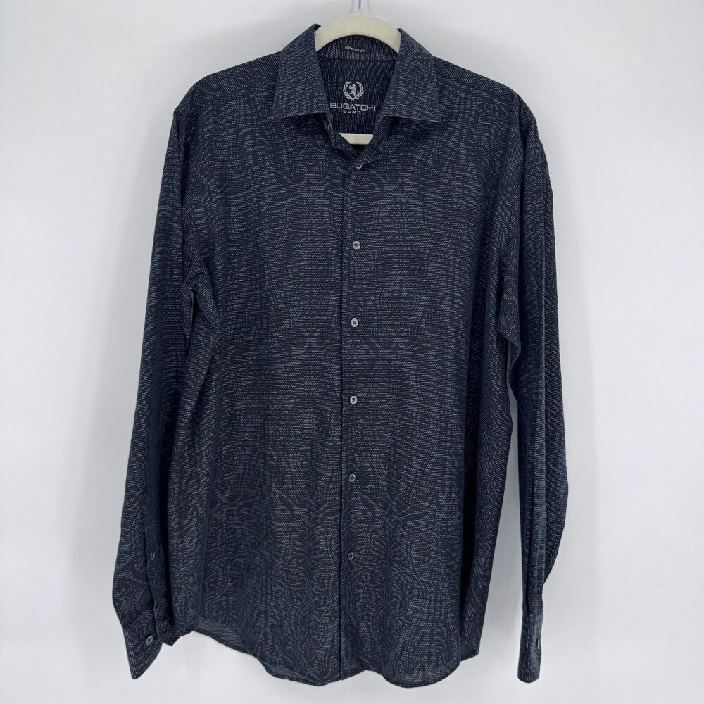 Bugatchi Uomo Menโs Dark Charcoal Textured Long Sleeve Button Down Shirt XL